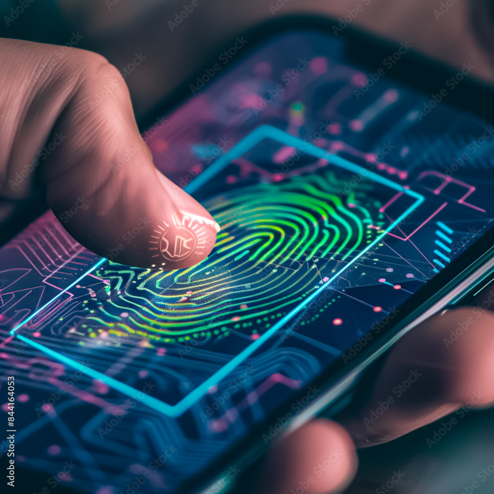 Poster a person is touching a cell phone screen with a fingerprint on it