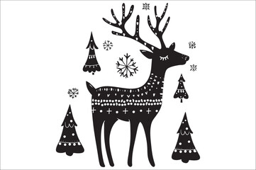 Christmas deer silhouette black vector art illustration. Raindeer silhouette vector.