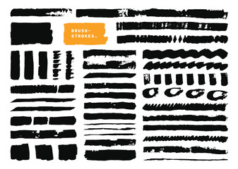 Black rough paint brush strokes element bundle. Hand drawn lines, circle, color block, square, and wavy shapes set. Creative painting graphic element. Rough and simple brushes.