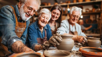 Group of elderly friends gathering for a pottery class, shaping clay together
