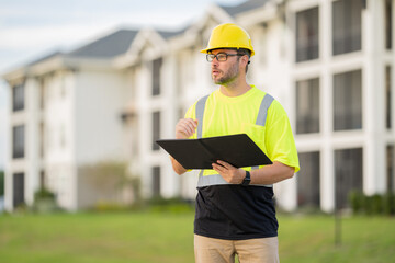 A man in a yellow safety vest is looking at a tablet while wearing a hard hat. He is focused on the device, possibly checking for safety information or instructions