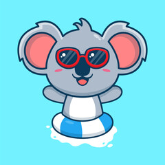 Vector cute koala in sunglasses floating with swimming. flat cartoon style