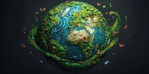 Artistic representation of Earth showcasing lush greenery, oceans, and biodiversity in vibrant colors, with a focus on environmental harmony