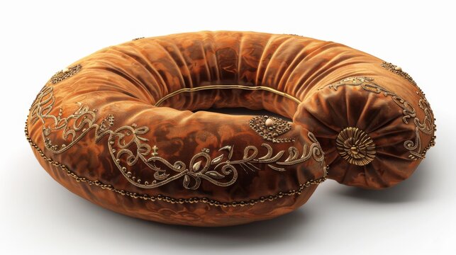 Aerial view of a luxurious neck pillow, crafted from soft velvet with intricate gold embroidery, light casting gentle shadows, photorealistic detail, warm hues