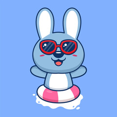 Vector cute rabbit in sunglasses floating with swimming. flat cartoon style