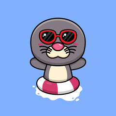 Vector cute sea lion in sunglasses floating with swimming. flat cartoon style