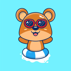 Vector cute teddy bear in sunglasses floating with swimming. flat cartoon style