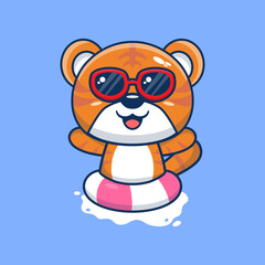 Vector cute tiger in sunglasses floating with swimming. flat cartoon style