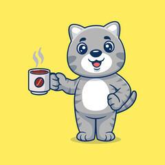 Cute cat drinking coffee cartoon icon illustration. Animal drink icon concept isolated flat cartoon style