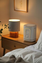 Aerial view, sleek white noise machine, modern minimalist design, set on a nightstand, soft ambient lighting, surrounded by cozy bedding, photorealistic rendering.