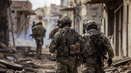 Obraz premium Special forces operatives moving stealthily through a war-torn city