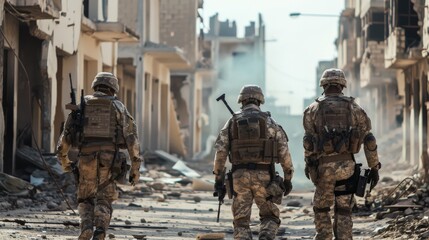 Obraz premium Special forces operatives moving stealthily through a war-torn city