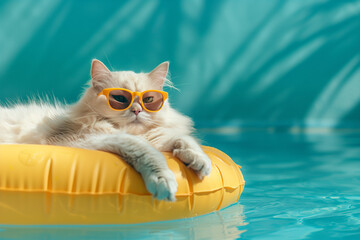 cute cat with sunglasses enjoying summer in swimming pool laying in inflatable tube, humour with summer vibes