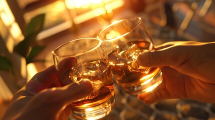 Clink two glasses of alcohol with ice and make a toast
