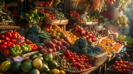 Obraz premium A vibrant farmers market stall overflowing with fresh, colorful fruits and vegetables.