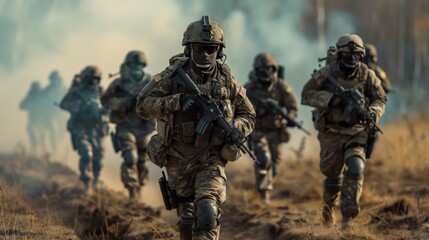 Obraz premium Troops advancing in formation with weapons at the ready