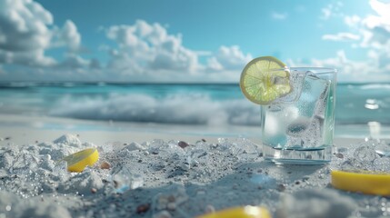 Obraz premium glass of iced lemon on beach sand in summer
