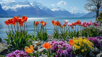 colorful tulips flowers on the lake with lake and snow mountain background