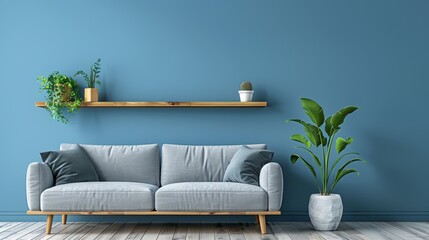 Modern living room with blue walls, cozy sofa, green plants, and wooden shelf. Contemporary home decor with minimalist design and natural elements.