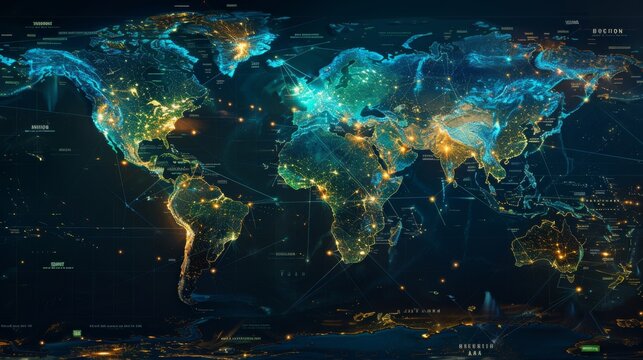 Fototapeta A world map with highlighted regions where hydrogen fuel cell technology is being implemented for clean energy solutions.