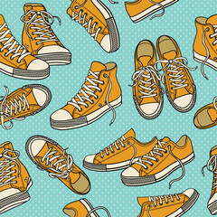 Vector illustration of yellow sport shoes set