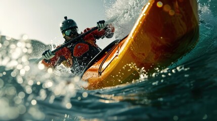 Fototapeta premium Courage A rich man sails on a mountain river