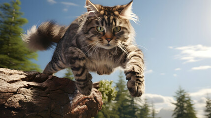 Obraz premium Agile cat leaping from perch to perch in a playful chase.