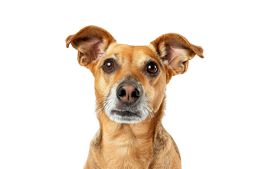 A playful dog with ears perked up, isolated on white background, looking alert and ready for action, capturing a moment of anticipation
