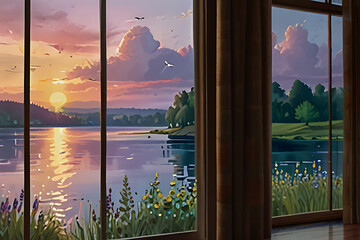 A mesmerizing watercolor illustration captures the serene beauty of a sunrise over the Volga River. 