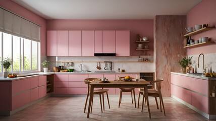 An image of mockup of interior in the kitchen with modern design and pink background.