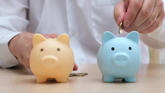 Man throws coins into two piggy banks in turn. Businessman diversifies his portfolio. Pension, savings, finance accounting diversification. Saving money, investments diversity concept