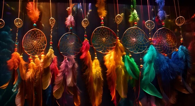 Colorful dream catchers with many feathers on them, sharp & vivid colors, dark silver and yellow, luminous colors