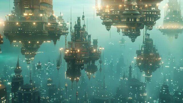 A floating metropolis where each building is made entirely out of live pixels giving the impression that the city is constantly in motion.