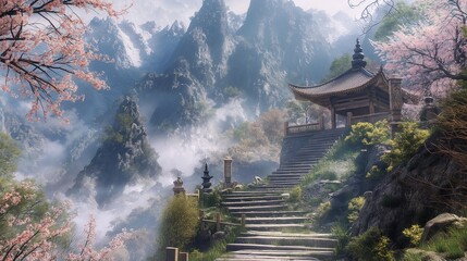 A serene mountain monastery, with wooden pagodas and stone steps leading up to the mist-shrouded peaks, surrounded by blossoming cherry trees. 32k, full ultra hd, high resolution - Powered by Adobe