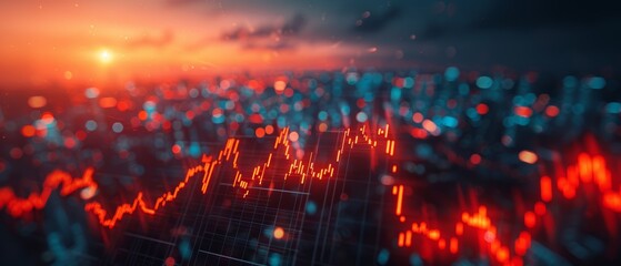 Abstract cityscape at sunset with glowing lights and a red line graph.