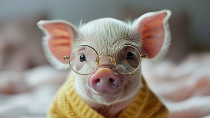 A cute piglet wearing glasses and a yellow sweater looks directly at the camera.