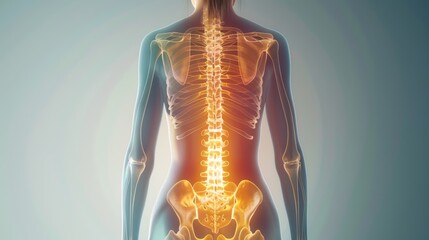 A medical illustration depicting the human spine, with the lower back highlighted.