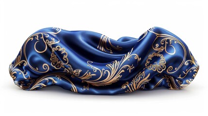 Elegant silk pillowcase, side view, rich royal blue, intricate golden embroidery, soft folds, shimmer under subtle light, photorealistic detail, luxurious texture