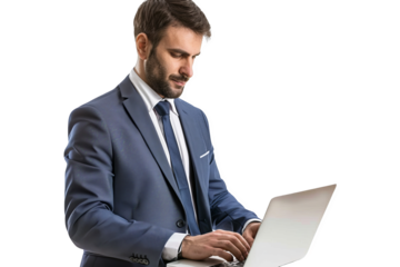 Isolated on white background, a businessman with a laptop, focused and typing, symbolizing productivity and modern corporate work culture