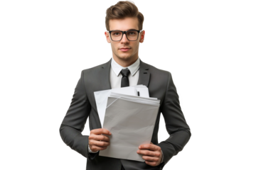 A young business man in a stylish suit and glasses, holding documents, isolated on white background, symbolizing professionalism and readiness