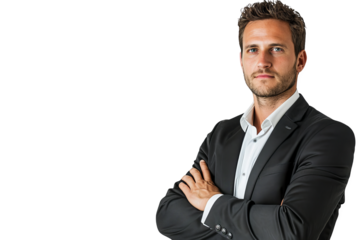 Isolated on white background, a business man with a determined look, arms crossed, projecting confidence and authority in the corporate setting
