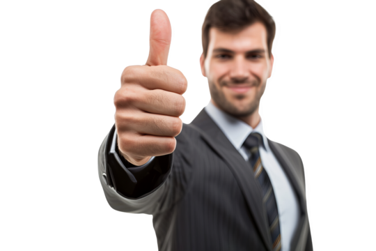 A confident businessman giving a thumbs-up, isolated on white background, indicating success, approval, and a positive attitude in the business world
