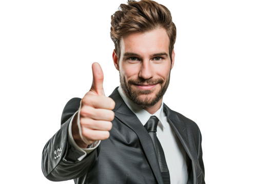 A confident businessman giving a thumbs-up, isolated on white background, indicating success, approval, and a positive attitude in the business world