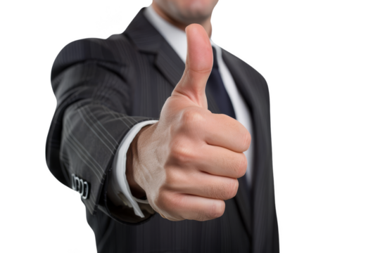 A confident businessman giving a thumbs-up, isolated on white background, indicating success, approval, and a positive attitude in the business world
