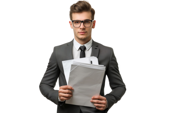 A young business man in a stylish suit and glasses, holding documents, isolated on white background, symbolizing professionalism and readiness - Powered by Adobe