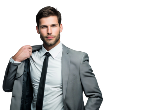 A business man with a suit jacket slung over his shoulder, isolated on white background, symbolizing a relaxed yet professional demeanor