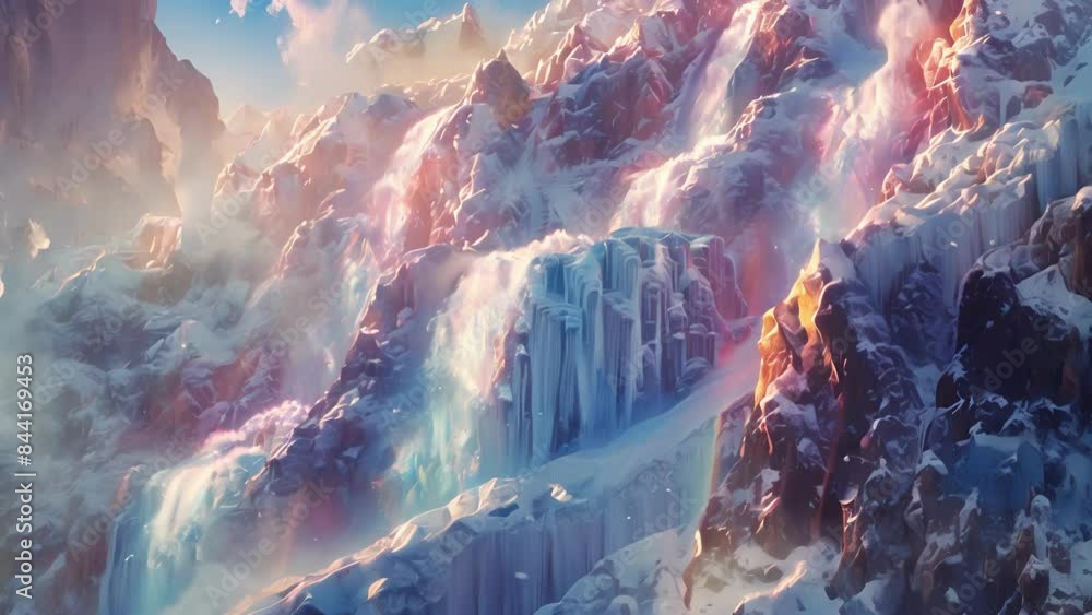 Poster a frozen waterfall cascading down a multicolored peak its icy surface capturing the various hues of 