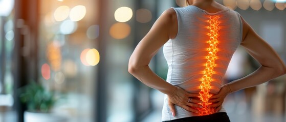 Woman with back pain, highlighted spine.