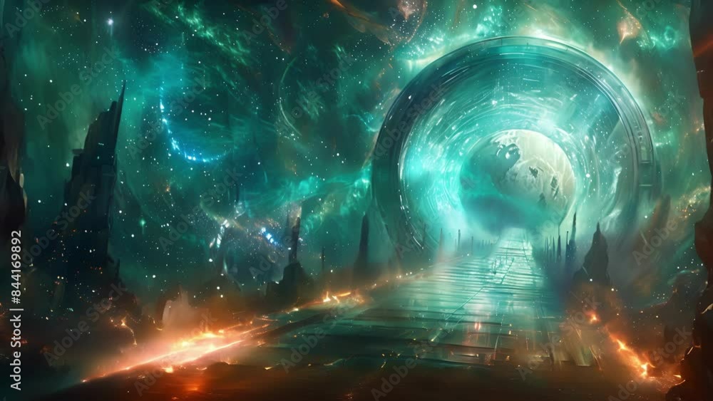 Poster the interplanetary access gates glowed with a soft pulsing light teasing at the endless possibilitie
