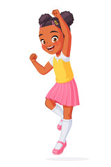 Little African American girl jumping with one hand in the air. Cartoon vector illustration.